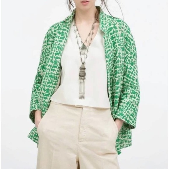 ZARA Basic Jacquard Tweed Single Button Blazer Jacket in Green/White Women's XS - Picture 1 of 8